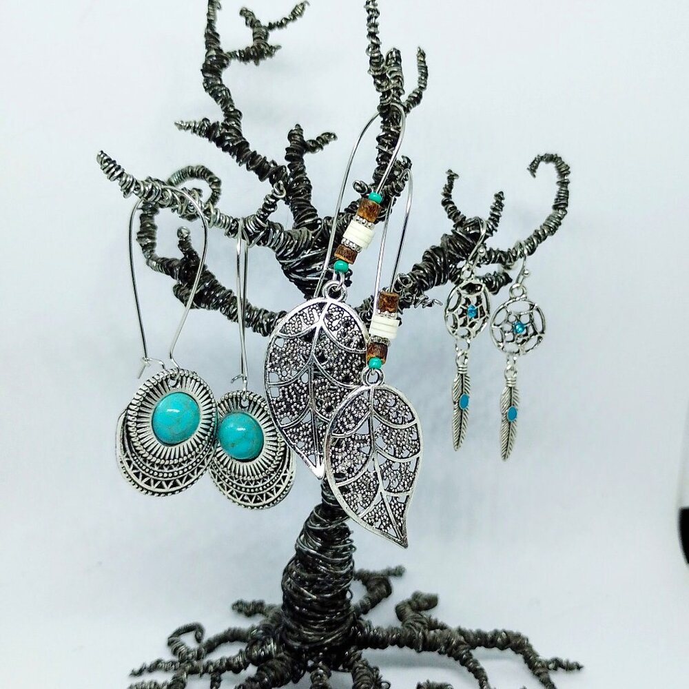 SALE!! 3 Pair BOHO ETHNIC EARRINGS, Silvery, Faux Turq BLUE BUNNY'S BOHO BAUBLES